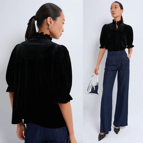 Pomander Place | Black Velvet Selena Blouse Victorian Puff Sleeve Top XXS - Picture 2 of 11